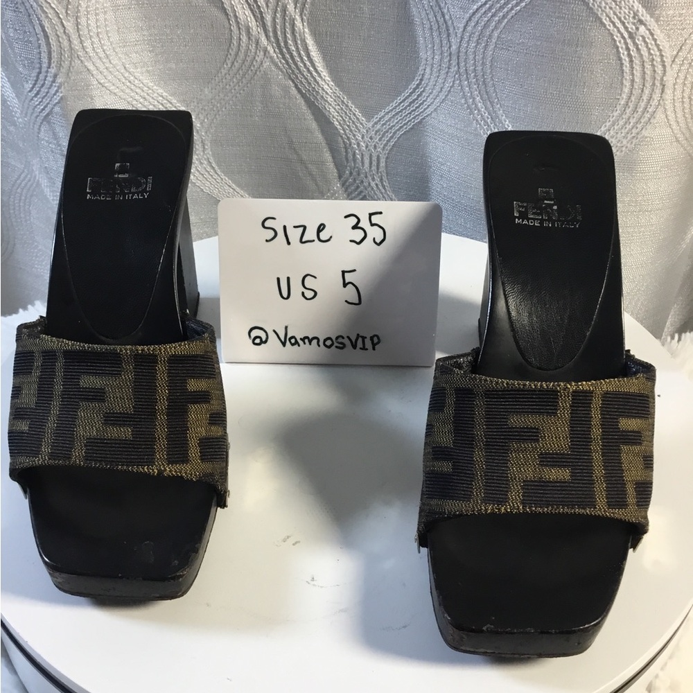 Fendi Black Leather Slide Sandals with Brown FF Jacquard Strap - Picture 1 of 7